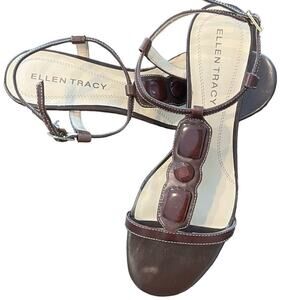 NEW Ellen Tracy Brown Strappy Jeweled Open Toe Wedge Sandal Size 7 Beachy Boho